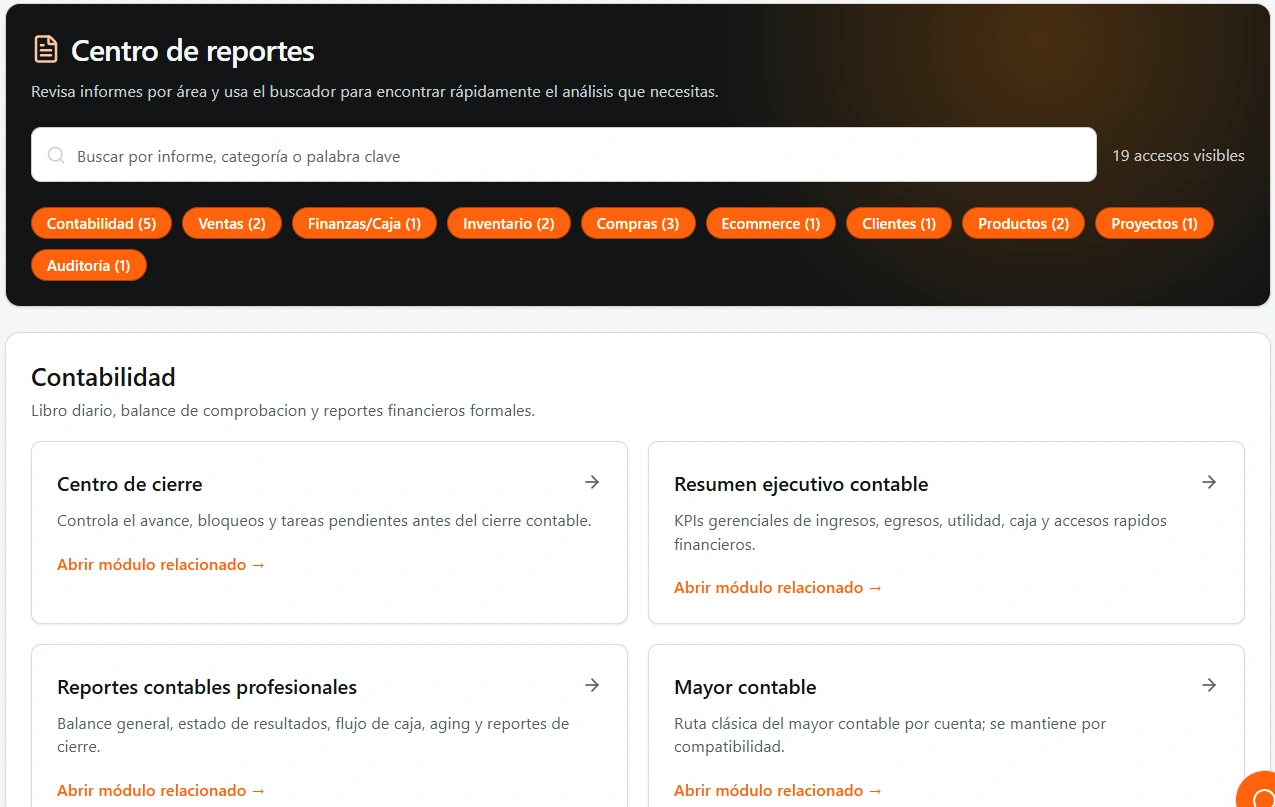 Centro de reportes real de Prende ERP: contabilidad y reportes